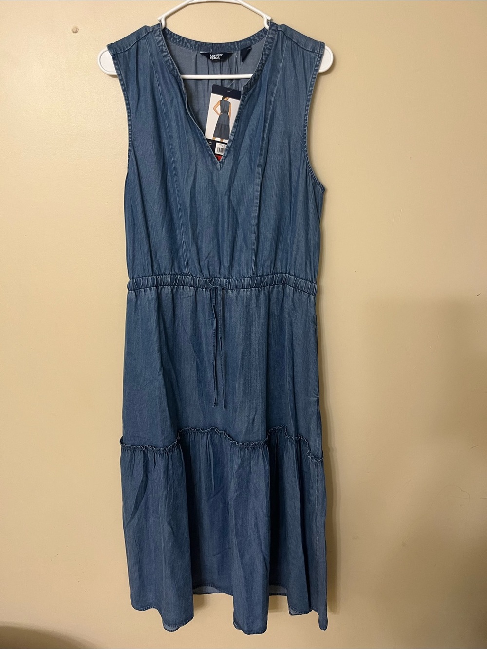 Lands' Ends women Sleeveless Denim-Blue Drawstring Dress